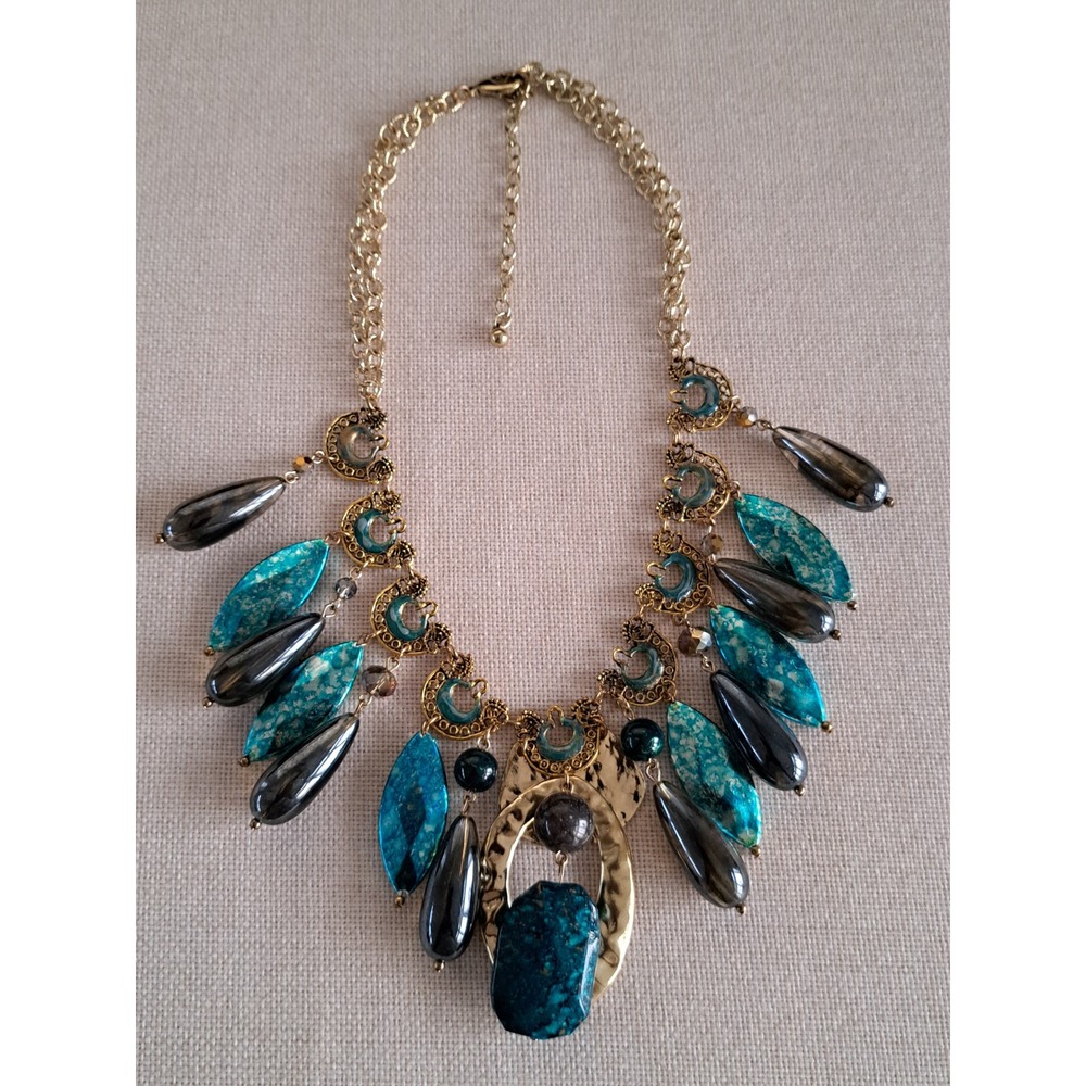 Boho Turquoise Blue Gold Statement Bib Necklace Smoky Grey Teardrop Beads Boho